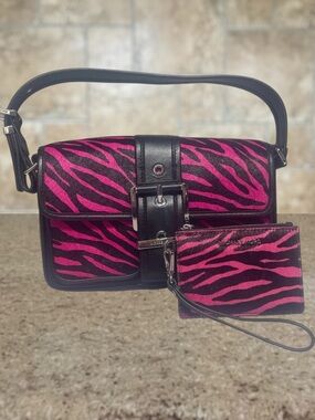 Michael Kors Colby Hot Pink Zebra Stripe Bag & Matching Wallet Calf Hair Cerise